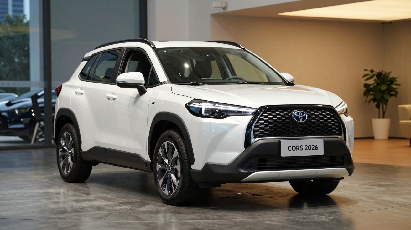 SUV Toyota Corolla Cross 2026 branco estacionado em ambiente interno moderno.