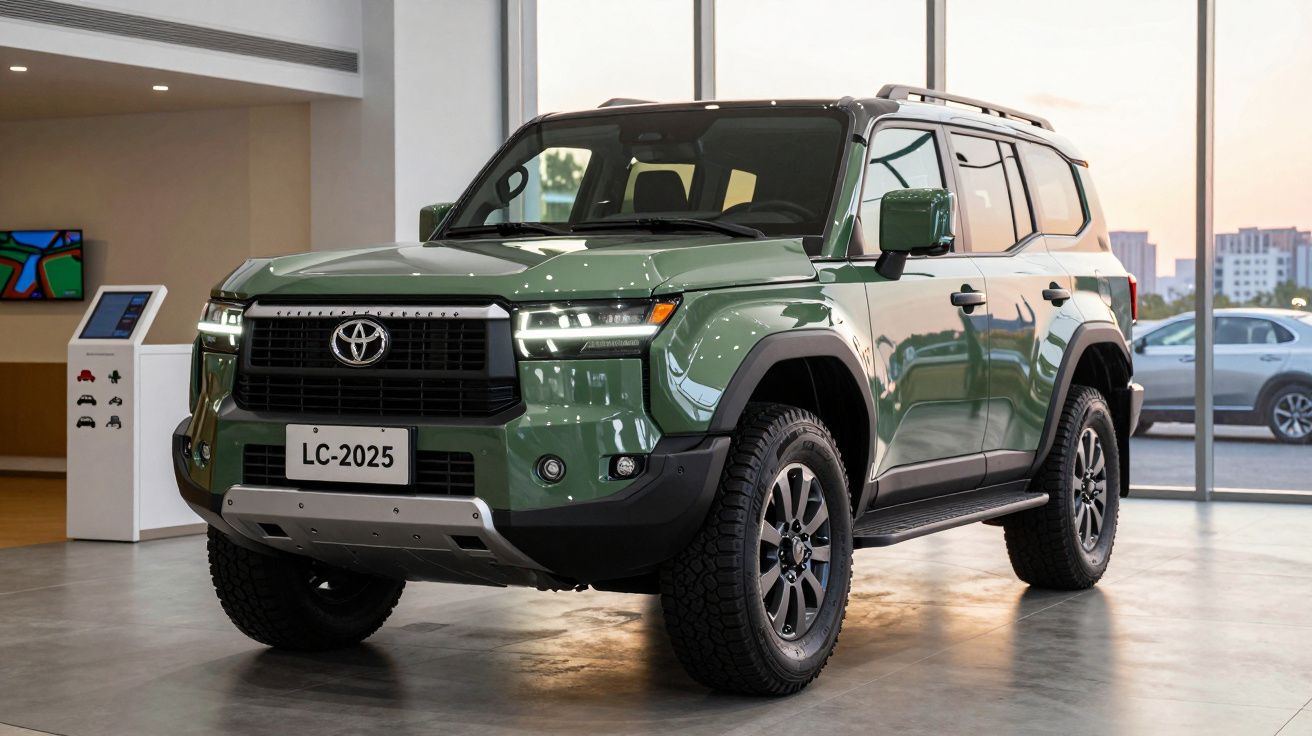 SUV Toyota Land Cruiser 2025 verde exibido em showroom com vidros grandes ao fundo.