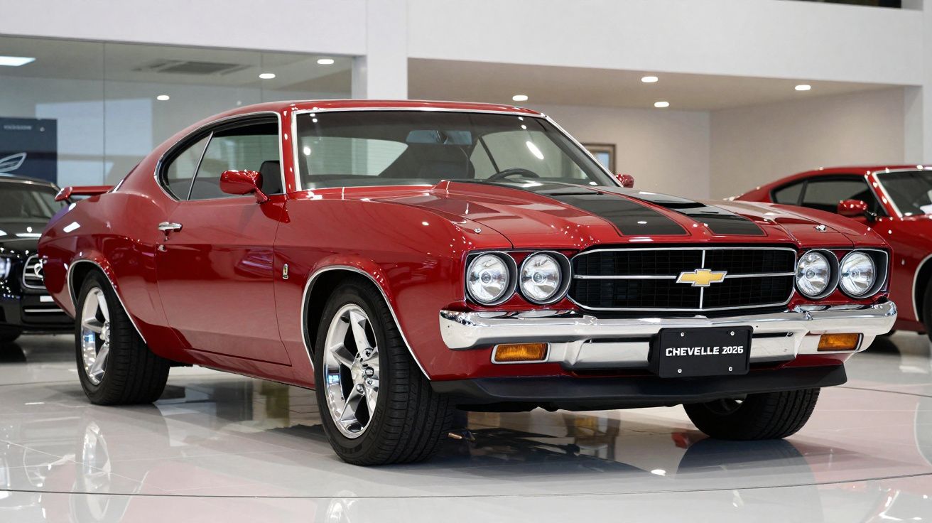 Carro clássico Chevrolet Chevelle 2026 vermelho com faixas pretas em showroom moderno.