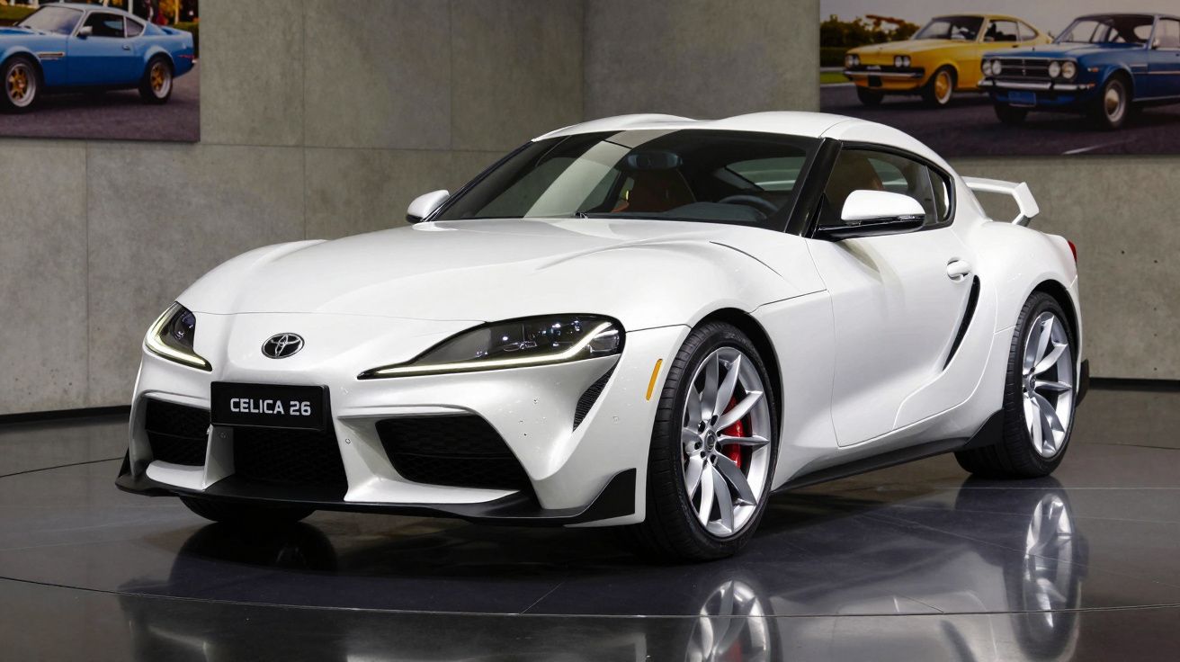 Carro esportivo branco Toyota Celica 26 estacionado em ambiente interno com paredes cinza e fotos automotivas ao fundo.