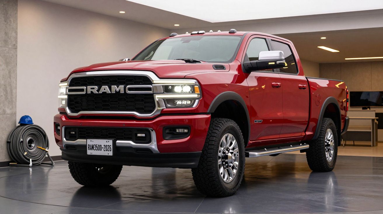 Caminhonete RAM 3500 vermelha estacionada em ambiente interno moderno.