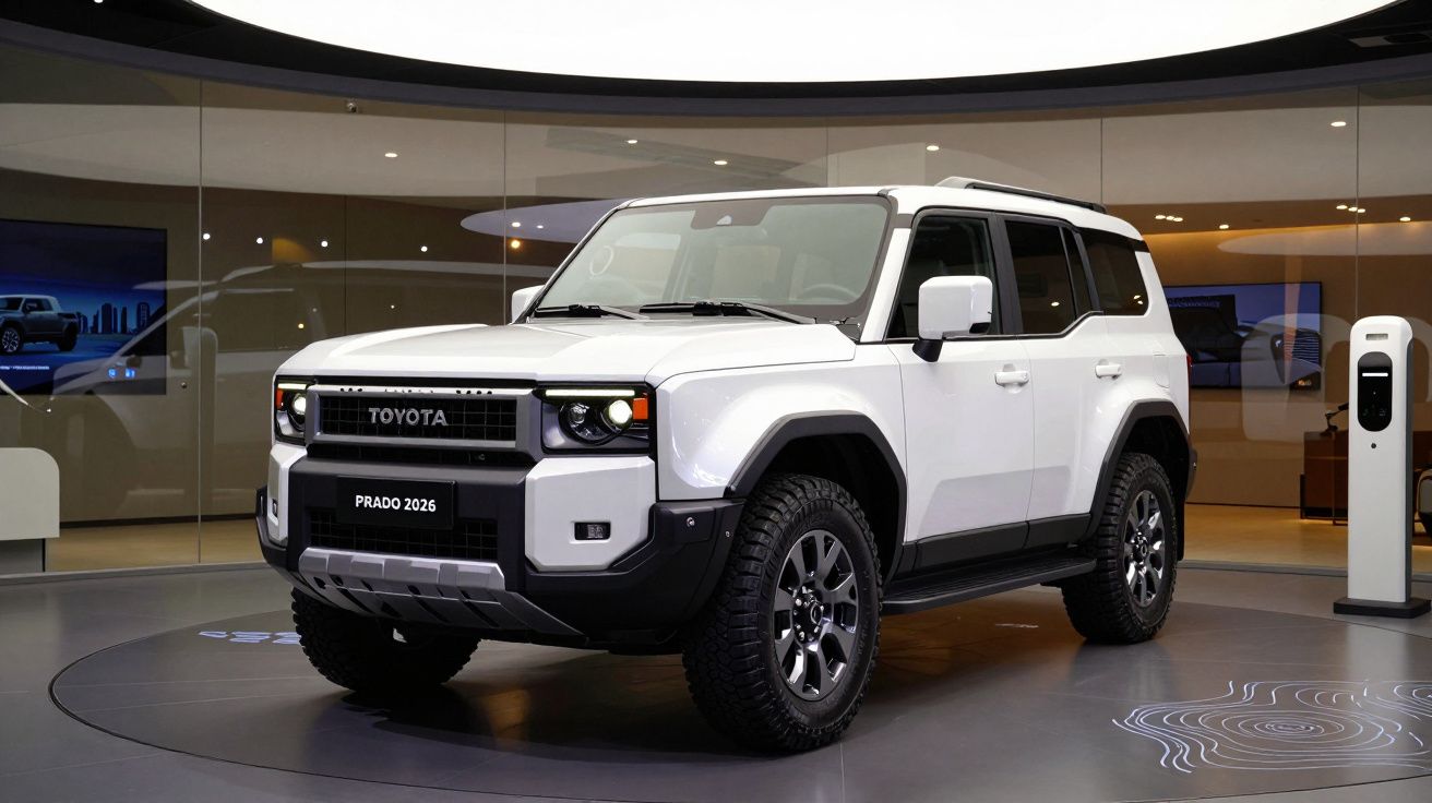 SUV branco Toyota Prado 2026 exibido em showroom moderno com iluminação ambiente.