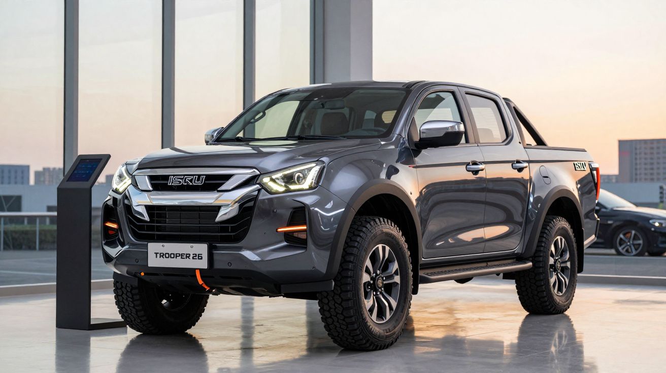 Picape Isuzu Trooper 26 cinza estacionada em ambiente interno moderno ao pôr do sol.