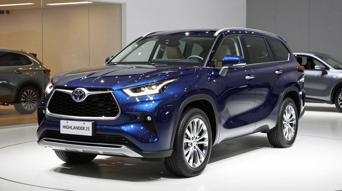 SUV azul Toyota Highlander 2.5 exposto em estande moderno e iluminado.