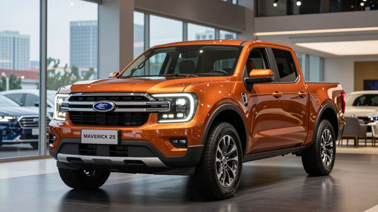 Pick-up Ford Maverick 2.5L laranja exibida em showroom moderno com iluminação natural.
