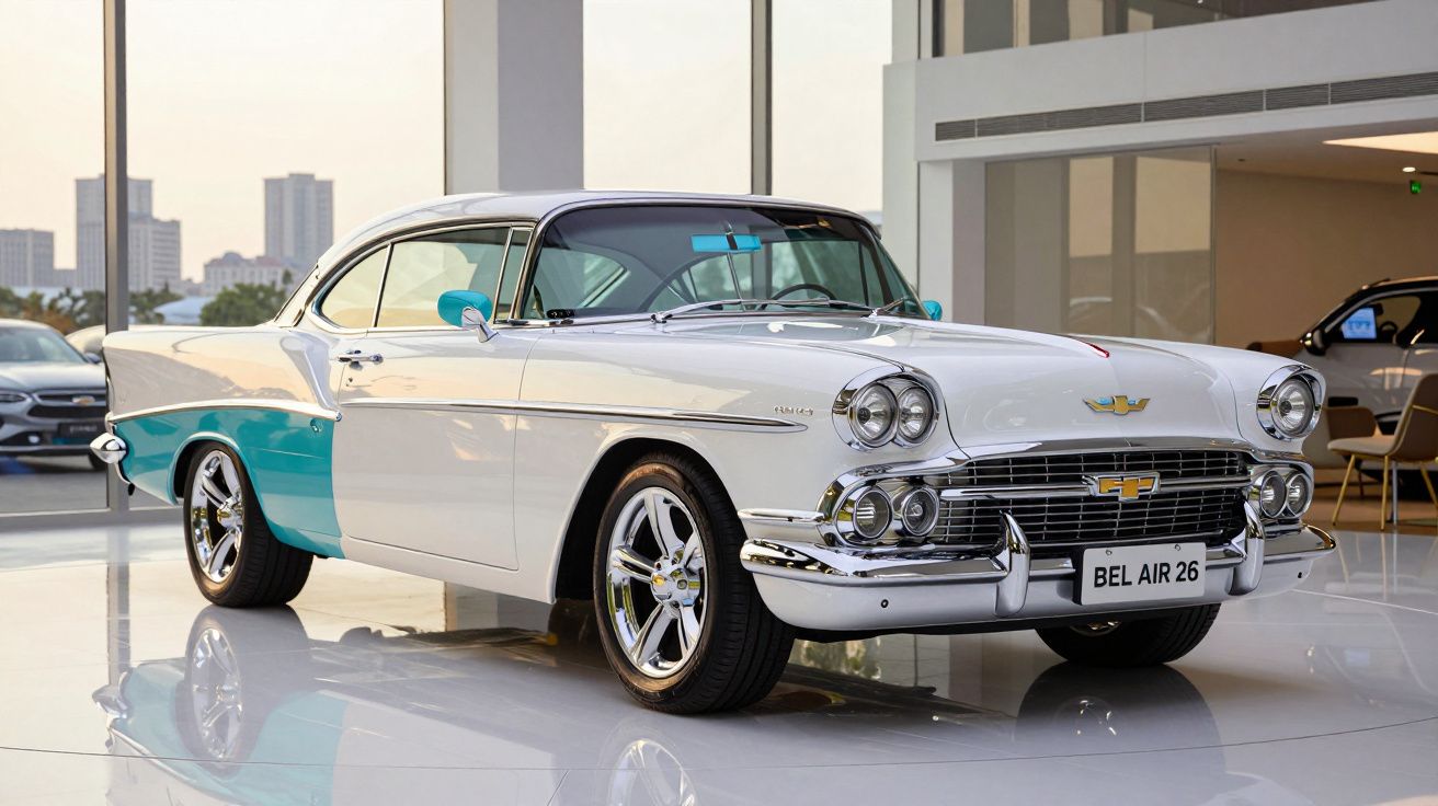 Carro clássico Chevrolet Bel Air 1958 branco e azul exibido em salão moderno com piso brilhante.