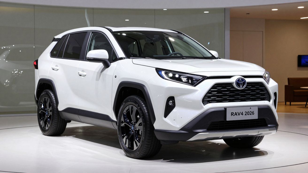 Toyota RAV4 2026 branco exposto em showroom com faróis acesos e rodas pretas brilhantes.