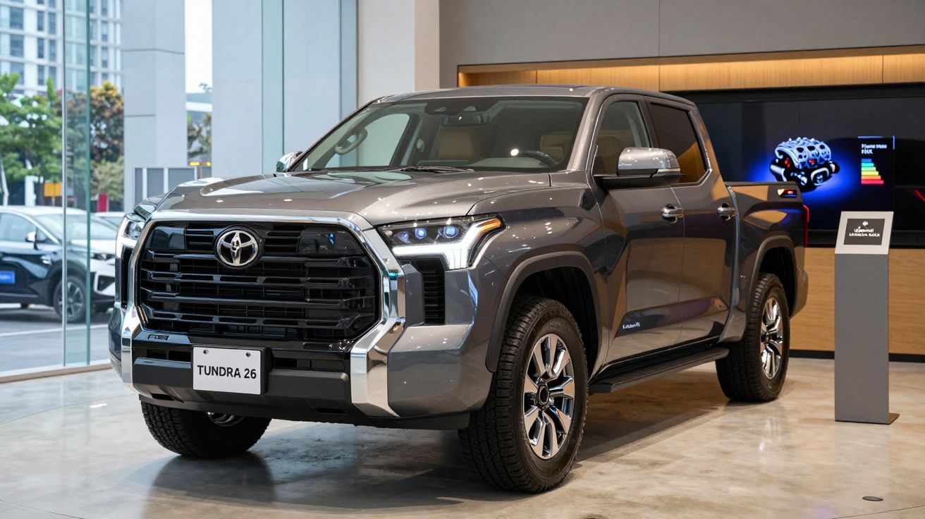 Picape Toyota Tundra 26 cinza exibida em showroom moderno com vidro e iluminação interna.