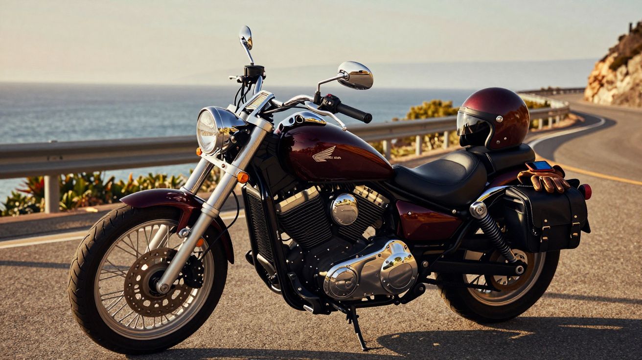 Motocicleta Honda estacionada na beira de estrada sinuosa com vista para o mar ao entardecer.