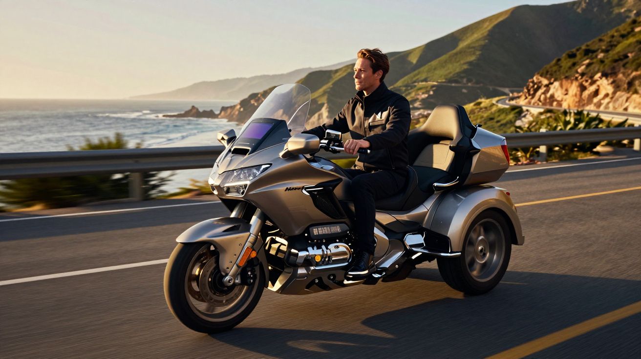 Homem pilotando motocicleta prata de três rodas na estrada à beira-mar com montanhas ao fundo.