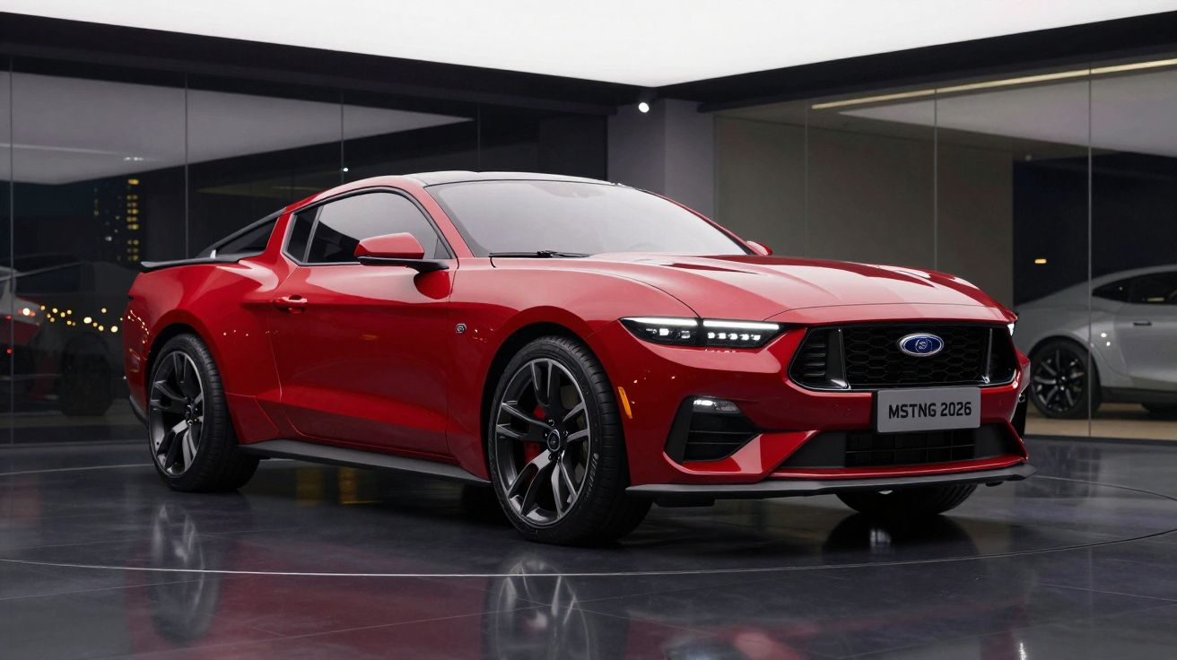 Carro esportivo Ford Mustang vermelho 2026 estacionado em piso preto brilhante, ambiente fechado moderno.