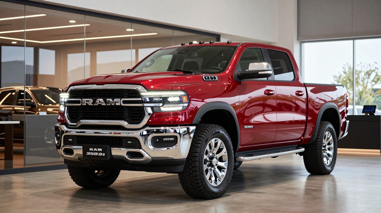 Picape RAM 3500 Big Horn vermelha em showroom com rodas grandes e detalhes cromados.