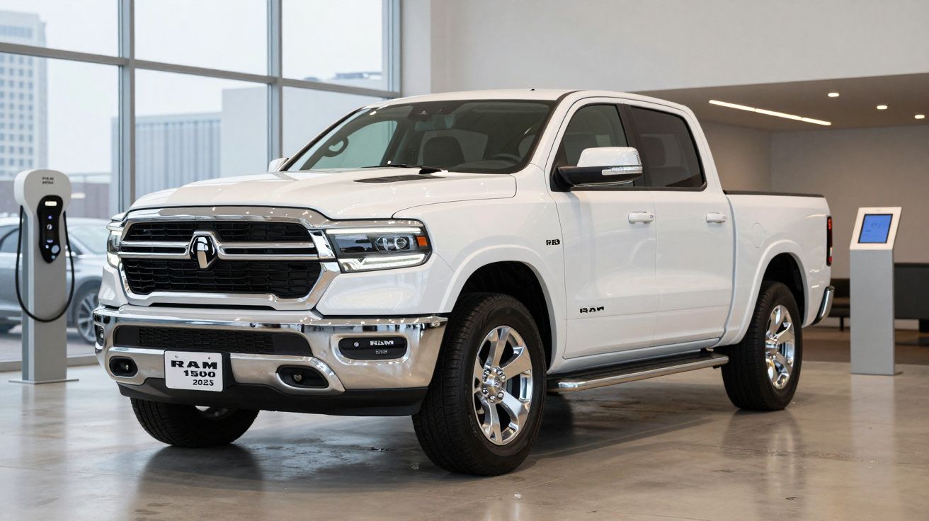 Picape branca RAM 1500 2023 estacionada em showroom moderno com estação de recarga elétrica ao lado.