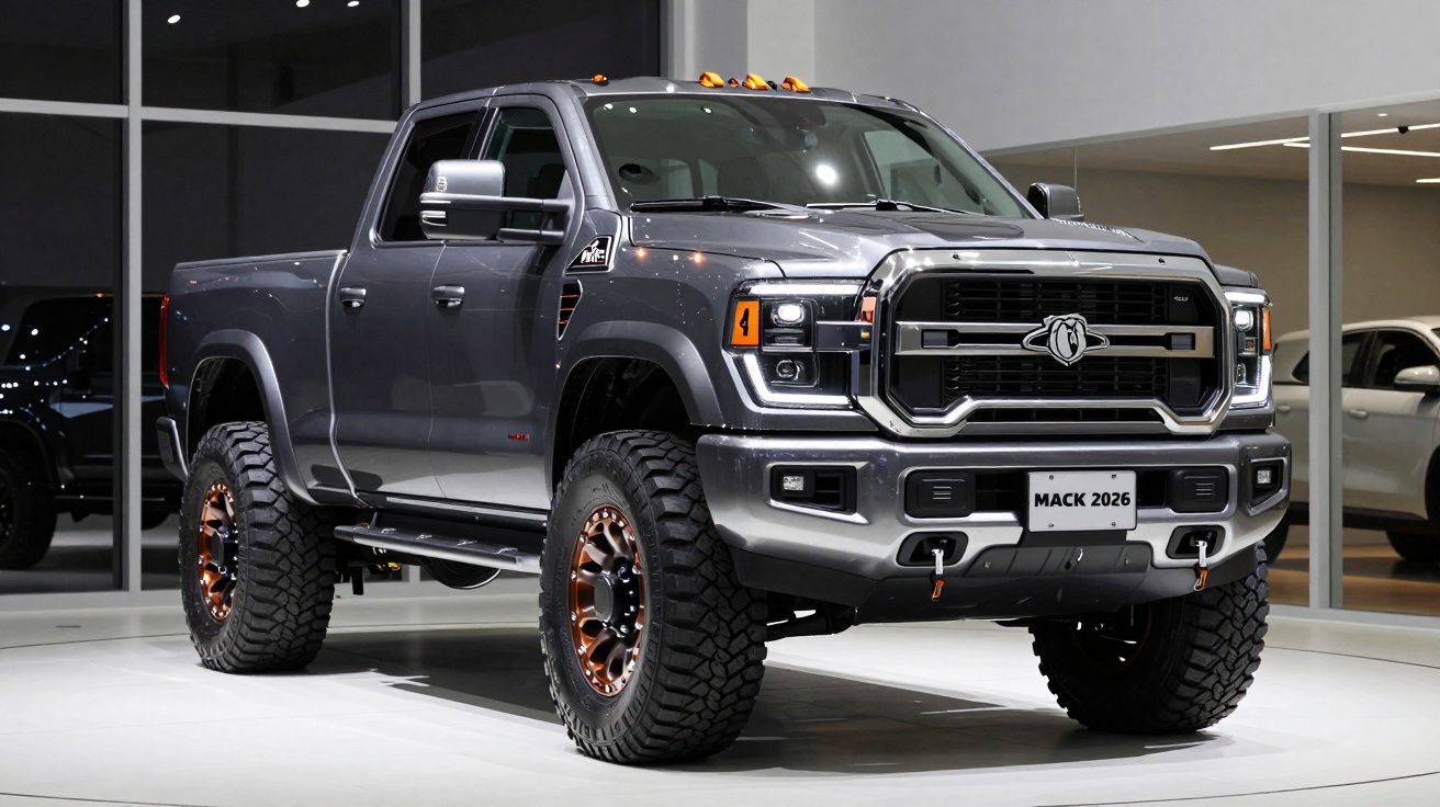 Picape cinza escura Mack 2026 com pneus robustos em exposição interna.