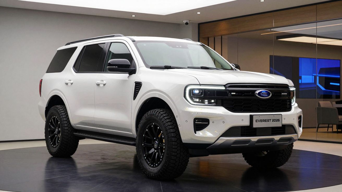 SUV branco Ford Everest 2025 com faróis acesos em ambiente interno moderno.