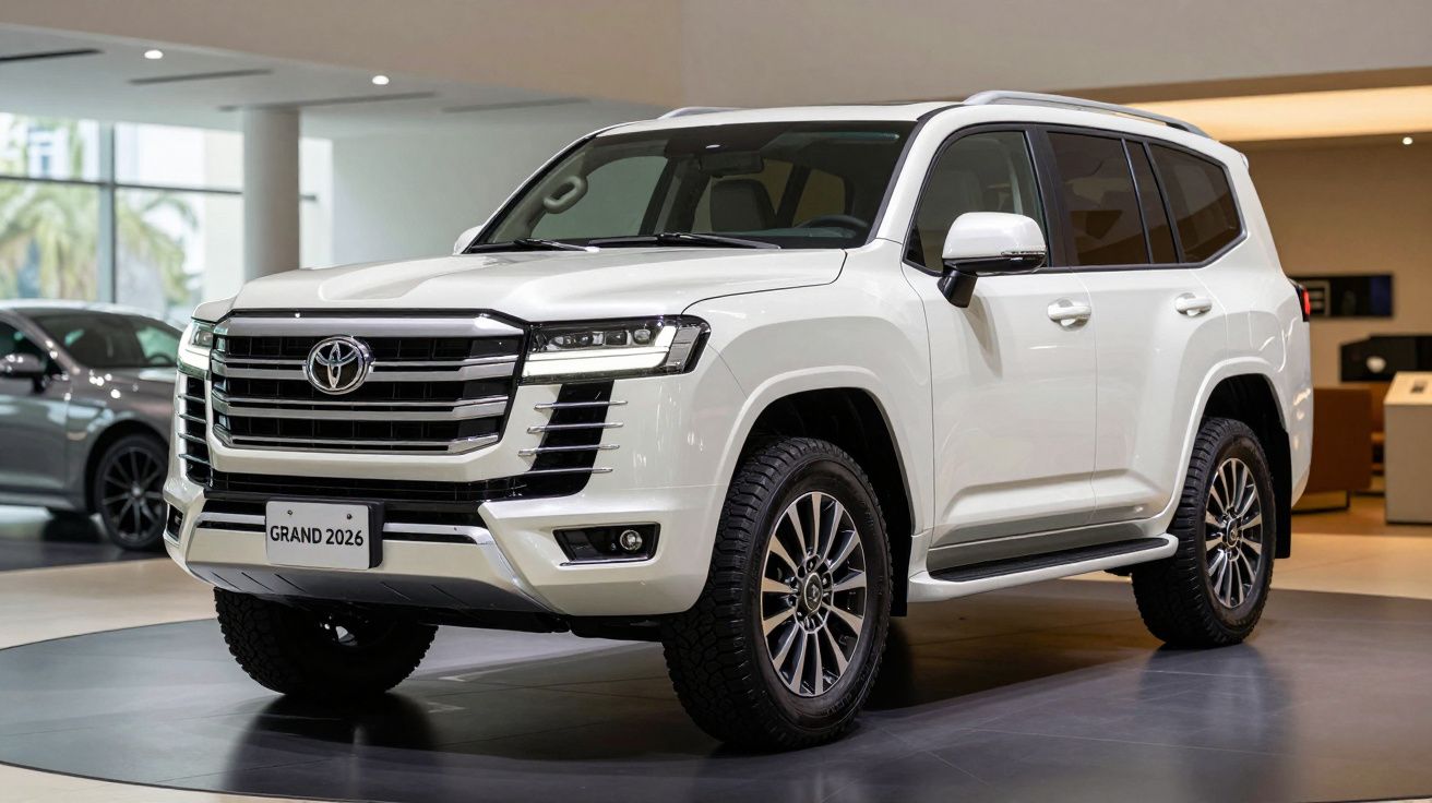 SUV branco Toyota Grand 2026 em exposição interna, vista frontal lateral direita.