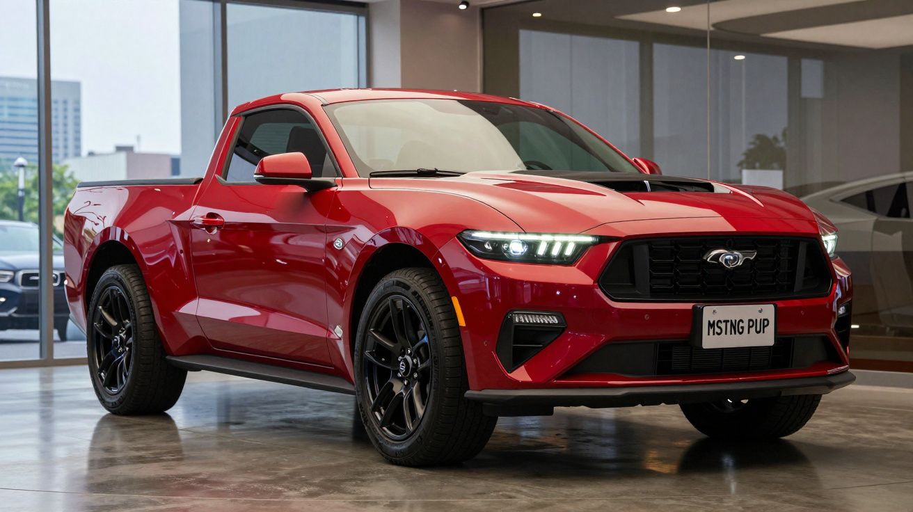 Picape esportiva vermelha estacionada em showroom moderno com rodas pretas e detalhes aerodinâmicos.