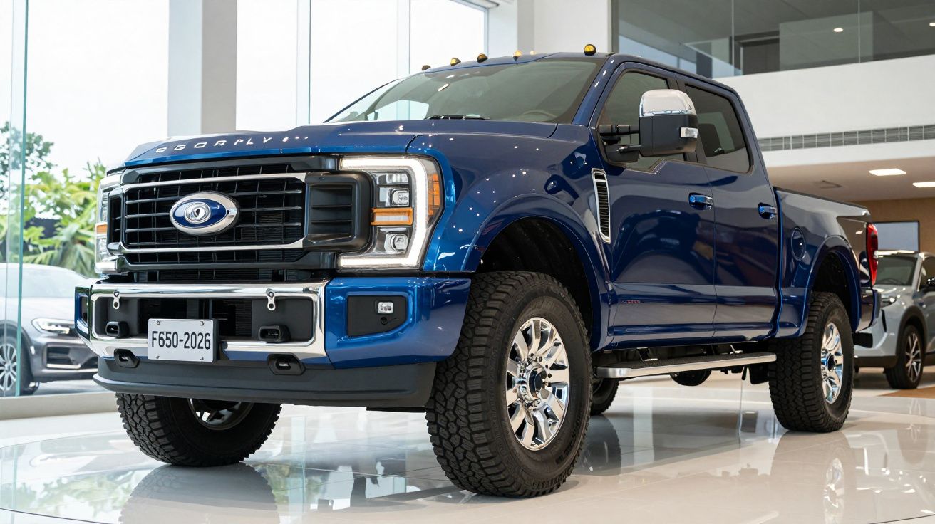 Picape azul Ford F-650 2026 exibida em showroom com interior moderno e iluminação natural.