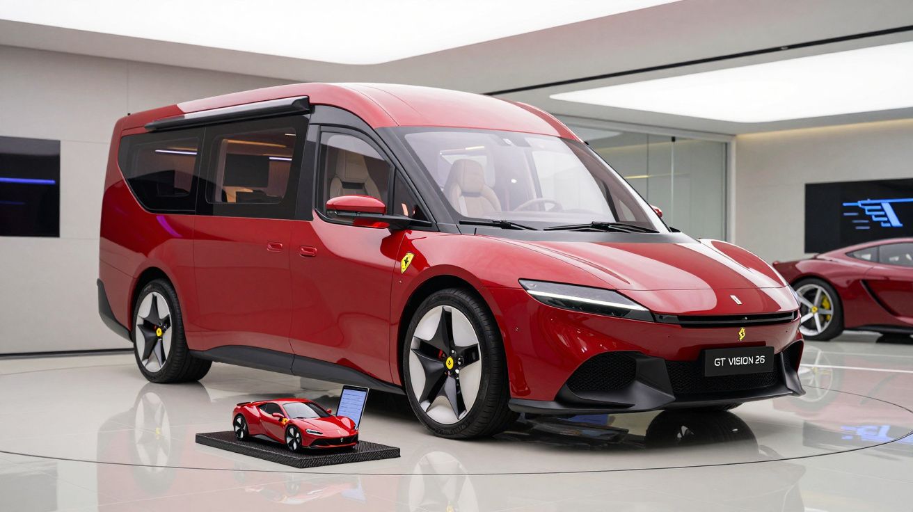 Van esportiva vermelha Ferrari GT Vision 26 exibida em showroom moderno com miniatura do carro à frente.
