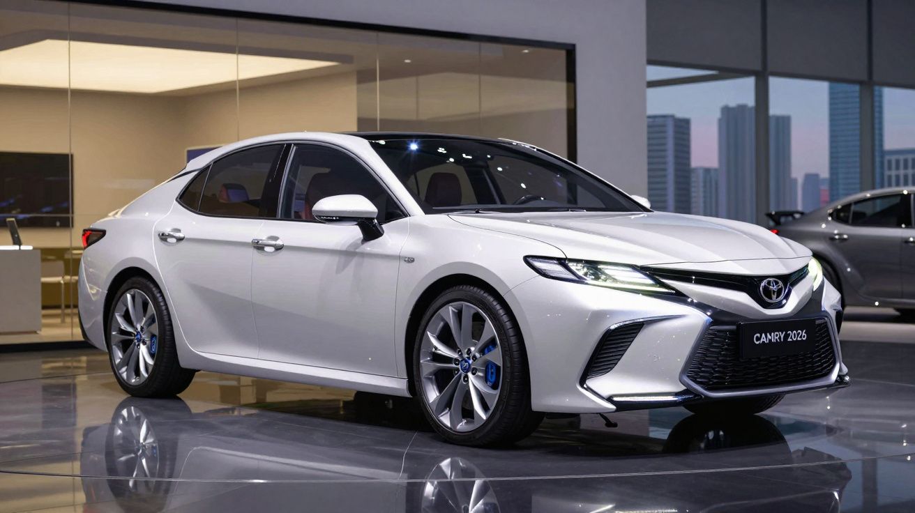 Carro branco Toyota Camry 2026 em exposição em showroom moderno com piso brilhante.
