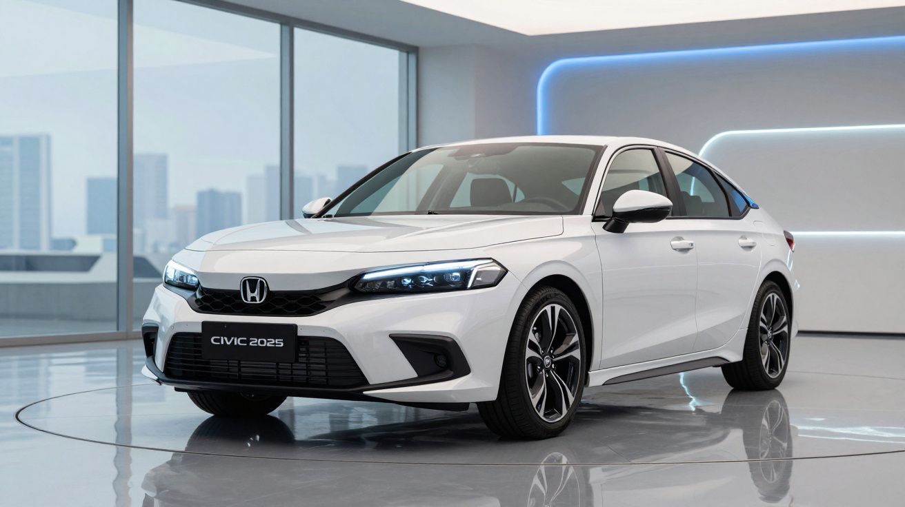 Carro branco Honda Civic 2025 em exposição interna com design moderno e faróis de LED acesos.