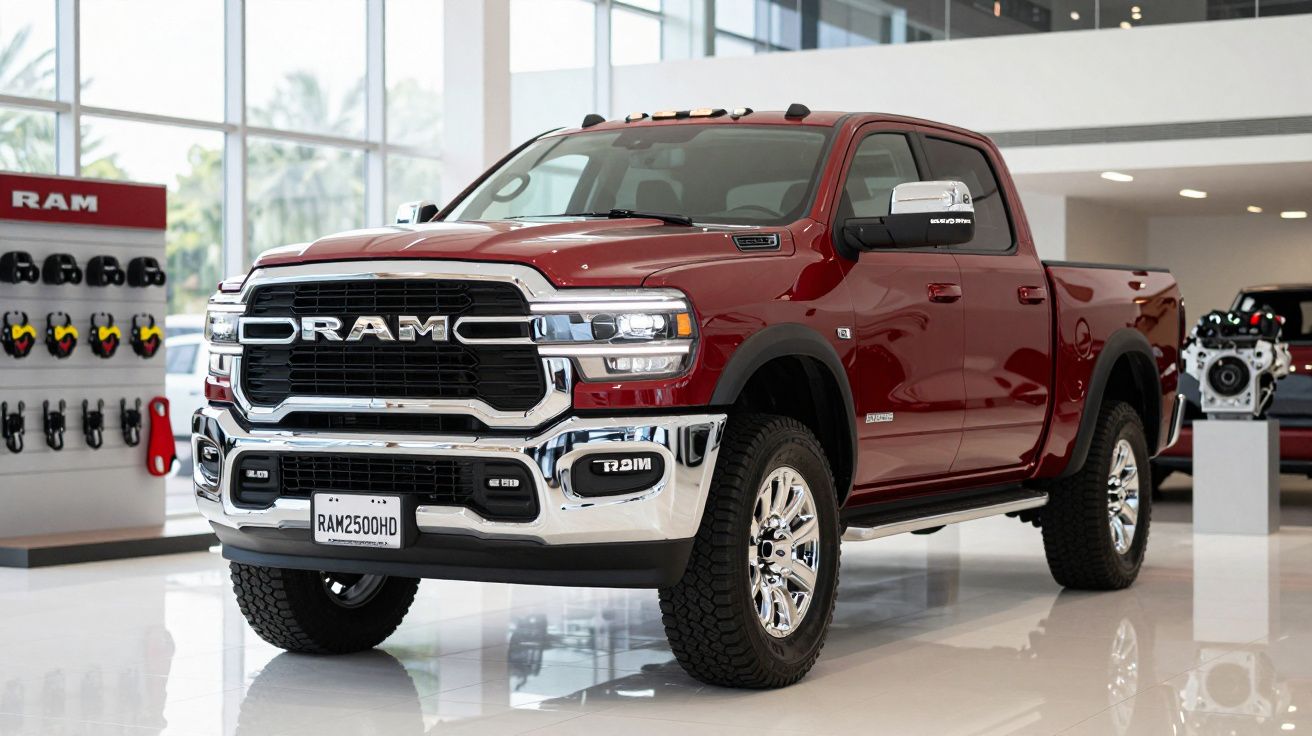 Picape RAM 2500 HD vermelha em showroom com acabamento cromado e pneus grandes.