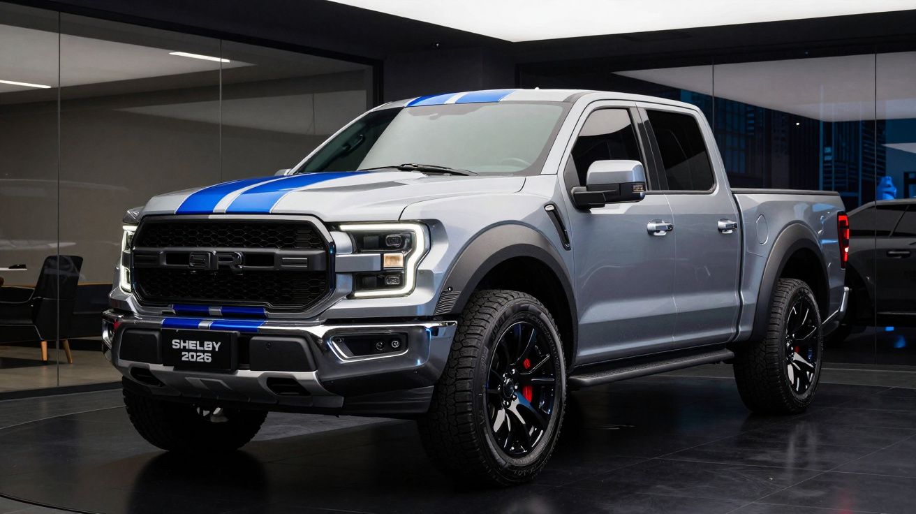 Picape Ford Shelby 2026 cinza com faixa azul exposta em showroom moderno.