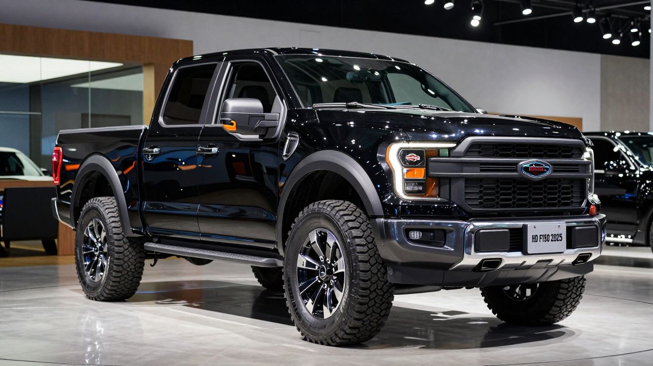 Picape preta Ford F-150 2025 exposta em salão com piso brilhante e iluminação focada.