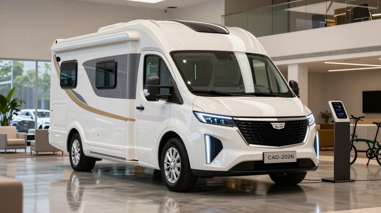 Motorhome branco moderno estacionado em showroom com teto solar e janela lateral escurecida.