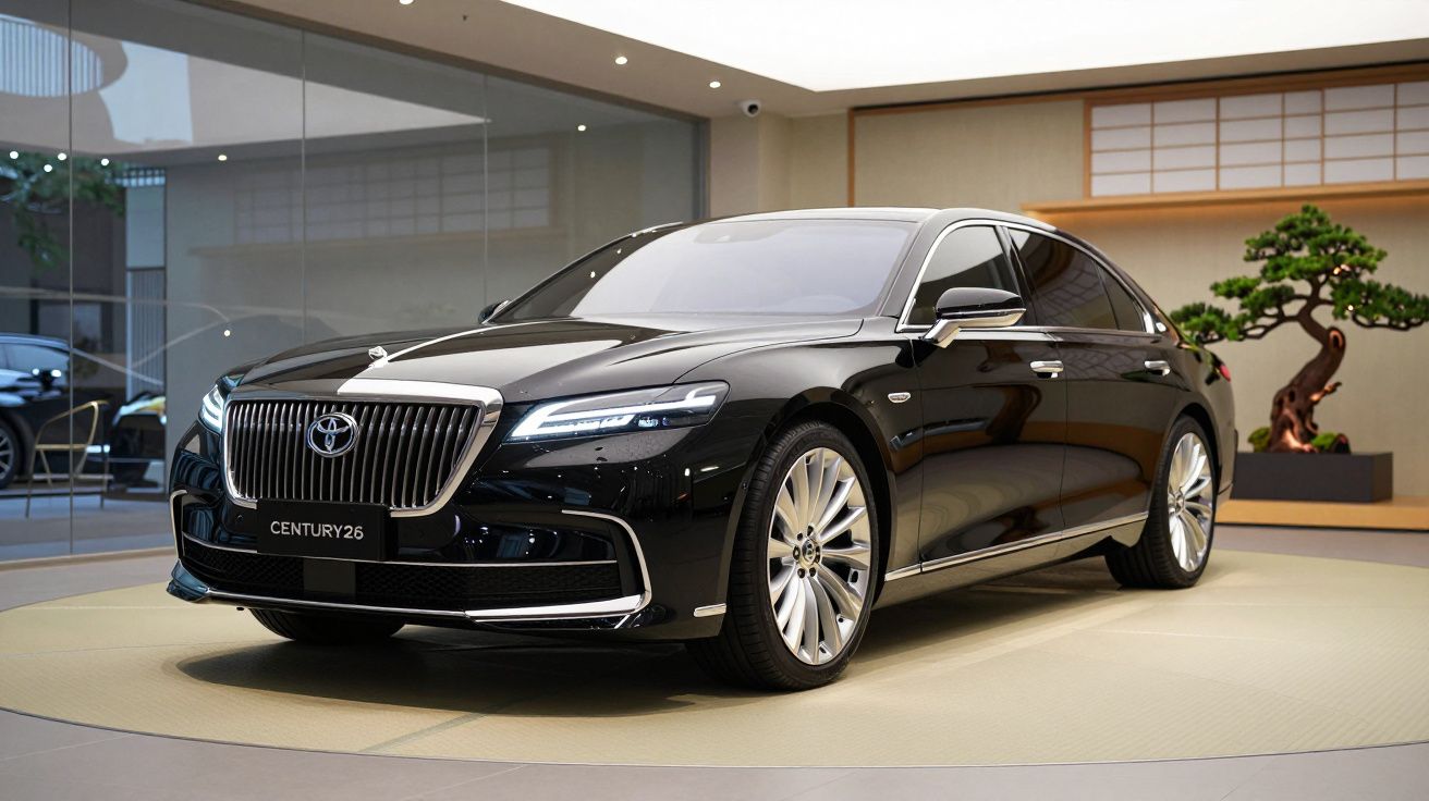 Carro sedan preto Toyota Century26 em exposição interna com árvore bonsai ao fundo.