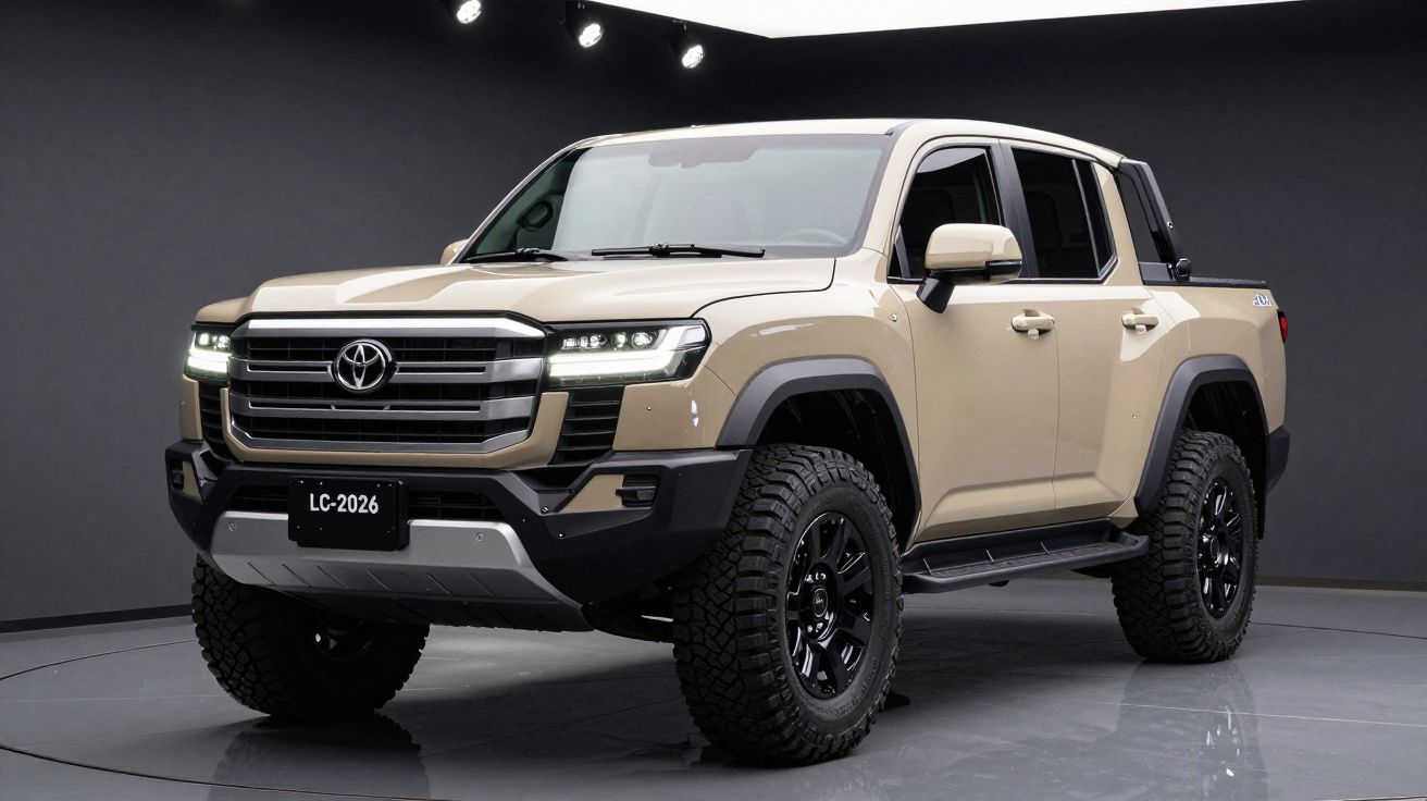 Picape Toyota Land Cruiser 2026 bege com faróis de LED ligada em estúdio escuro.