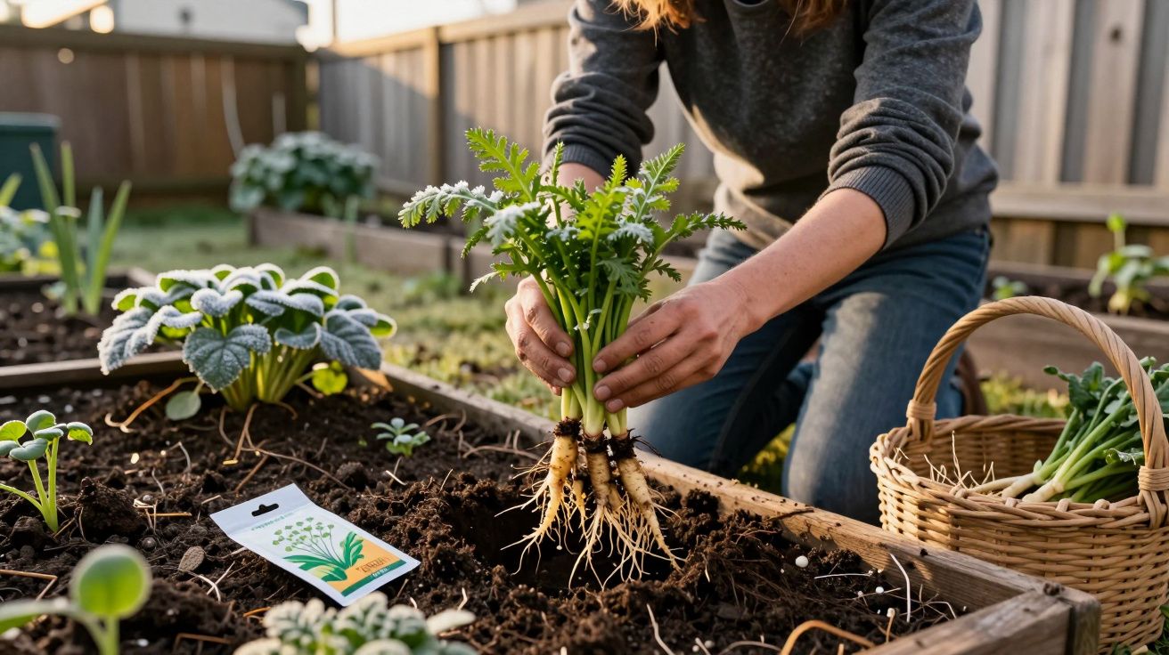 Pessoa colhendo cenouras pequenas em canteiro de madeira em jardim, com cesta ao lado.