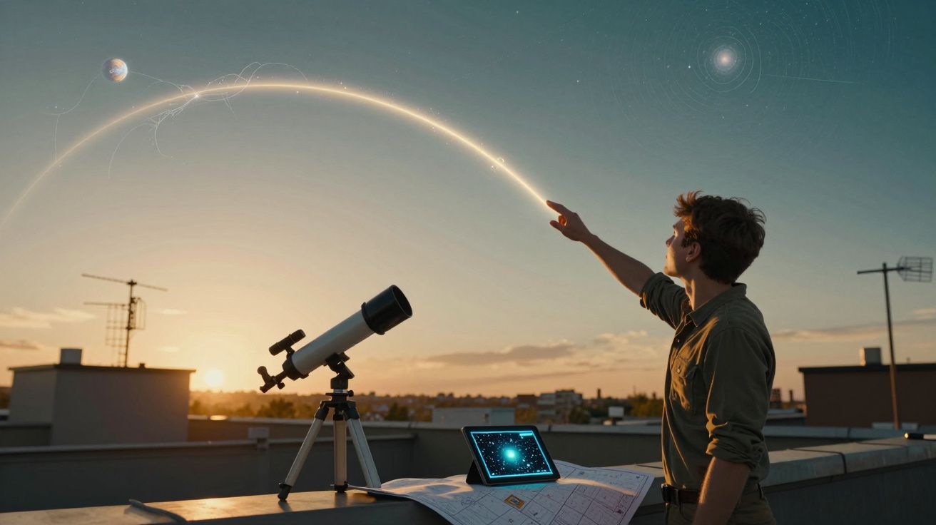 Jovem em um terraço aponta para planetas no céu ao entardecer, com telescópio e mapa estelar à frente.