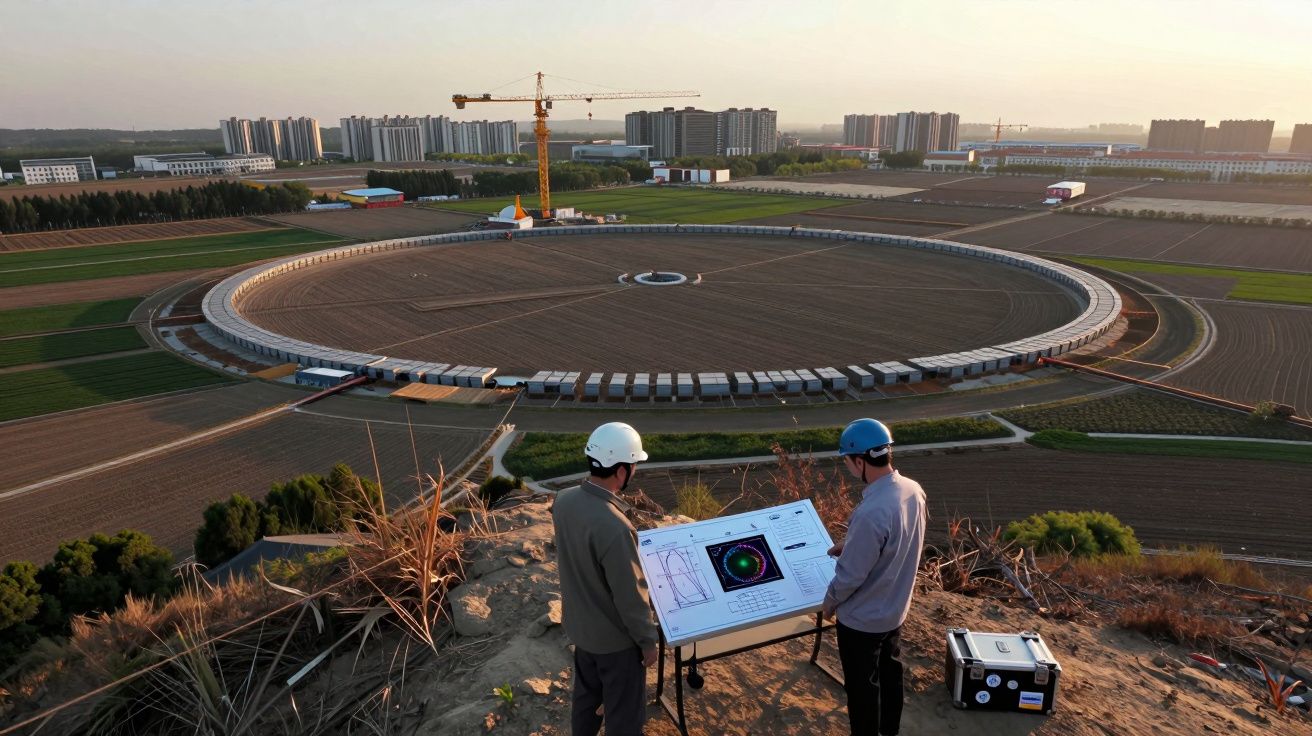 Dois técnicos com capacetes observam fundo de rádio circular em área rural com prédios ao longe.