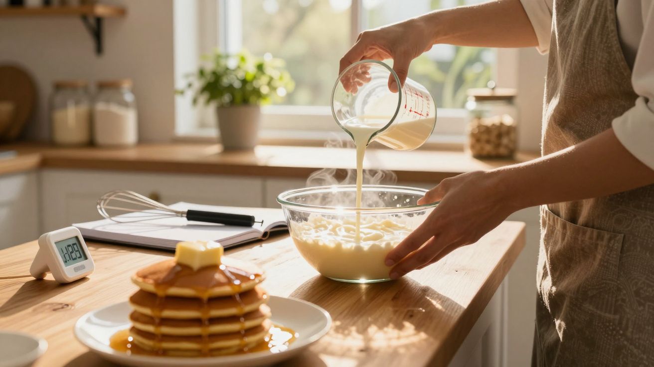 Pessoa despejando massa em uma tigela para preparar panquecas em cozinha iluminada.