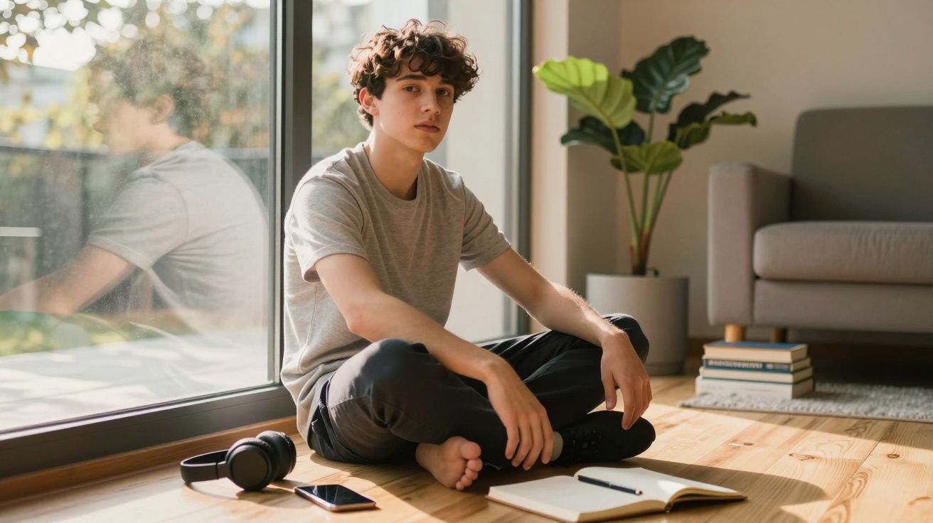 Jovem sentado no chão de madeira perto de janela com caderno aberto, fones de ouvido e celular ao lado.