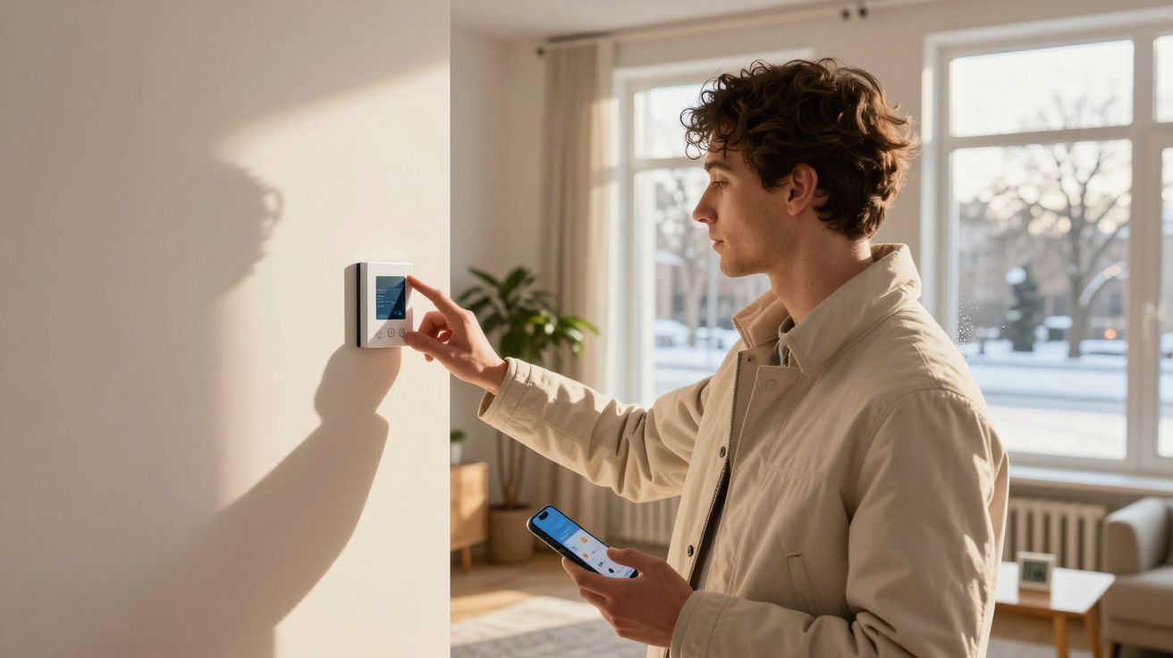Homem ajusta termostato digital em parede, segurando celular em sala iluminada pela luz do dia.