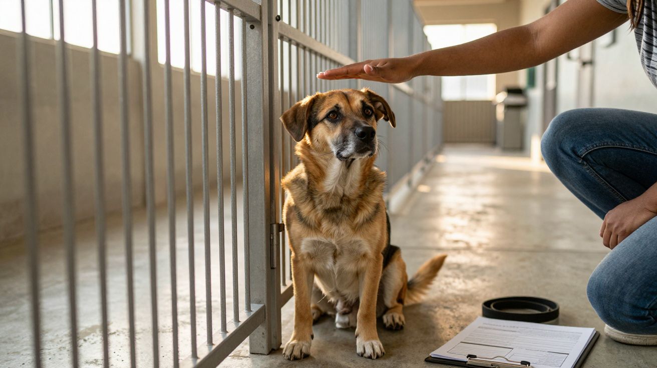 Cachorro sentado em abrigo olhando para frente enquanto pessoa estende a mão sobre sua cabeça.