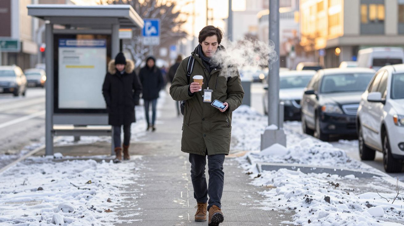 Homem caminhando no inverno com casaco, café na mão e olhando celular, com neve na calçada e carros estacionados.