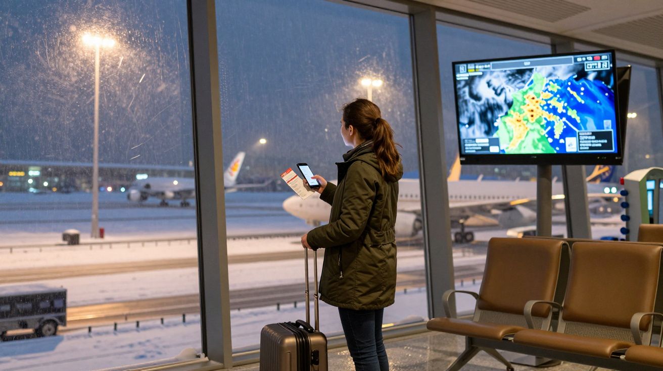 Mulher de casaco observa avião pela janela em aeroporto com neve, segurando celular e passaporte.