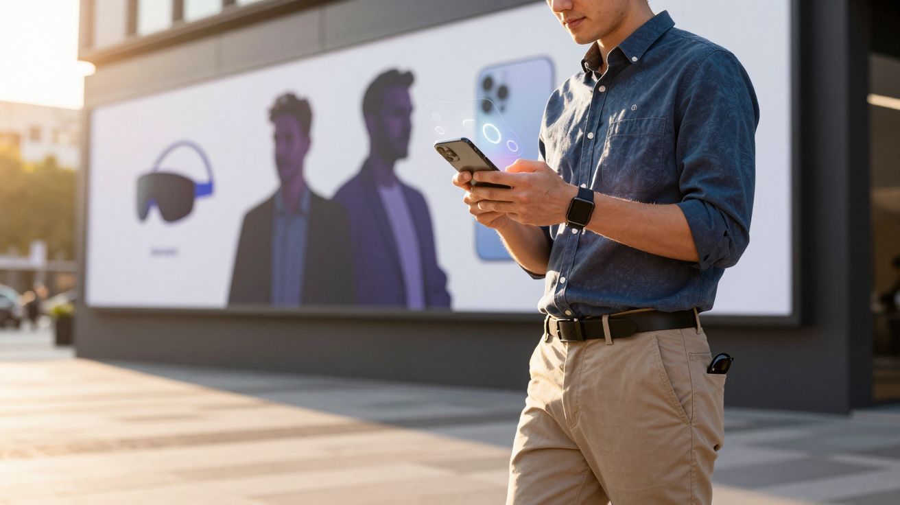 Homem usando camisa azul e smartwatch mexendo no celular em calçada com outdoor tecnológico ao fundo.