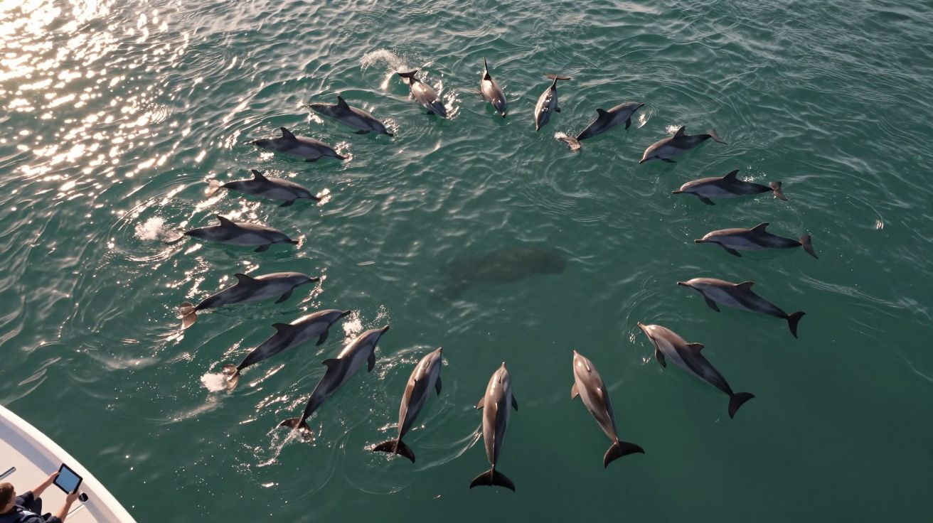 Banco de golfinhos formando um círculo na água vista de cima próximo a um barco.