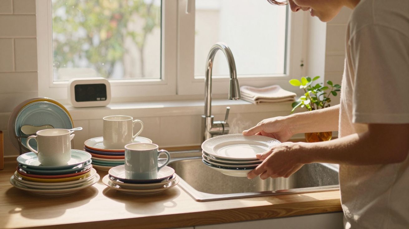 Pessoa organizando pratos e xícaras empilhados ao lado da pia de cozinha sob janela iluminada pela luz do dia.