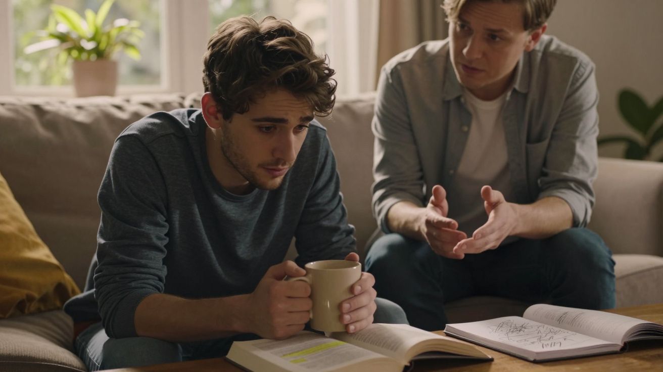 Dois homens sentados no sofá com livros abertos, um conversa enquanto o outro segura uma caneca e parece preocupado.