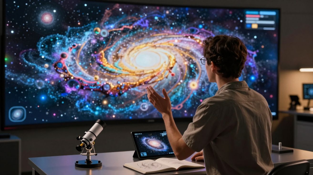 Pessoa estudando galáxia em tela grande com telescópio, tablet e caderno em ambiente interno.