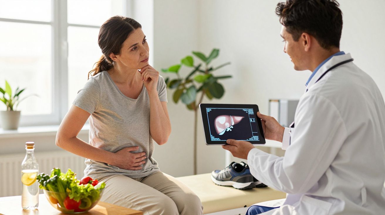 Mulher segurando o abdômen consulta médico que mostra exame do fígado em tablet em ambiente clínico.