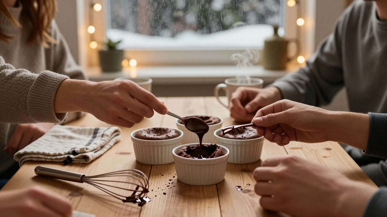Pessoas saboreando chocolate quente em potes brancos sobre mesa de madeira com janela ao fundo.