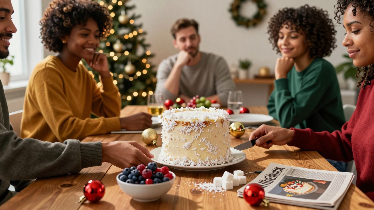 Grupo de amigos reunidos ao redor de mesa com bolo de festa e decoração natalina ao fundo.