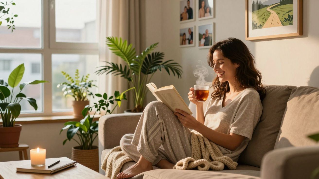 Mulher sorridente lendo livro e segurando xícara de chá em sofá com plantas e vela acesa ao fundo.