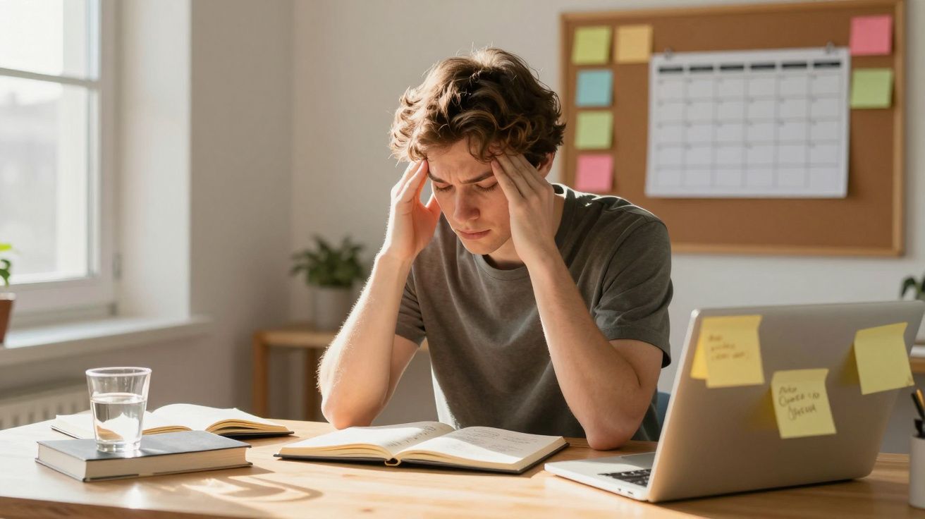 Jovem sentado à mesa com livros e laptop, mostrando expressão de estresse ao segurar a cabeça com as mãos.